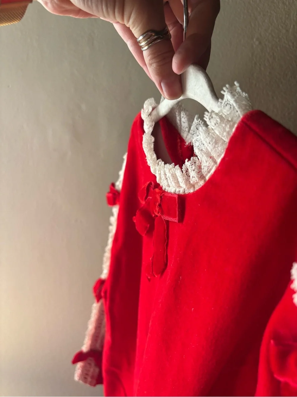 Genuine Vintage Red Velvet Lace-Trim Bow Dress